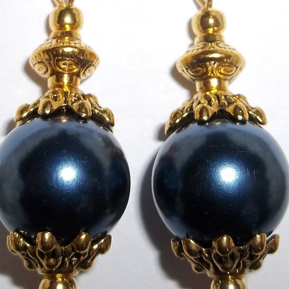 Gold and Navy Blue Pearl Earrings Drop Dangle Costume Jewelry Gift Woman D411 - Picture 5 of 5